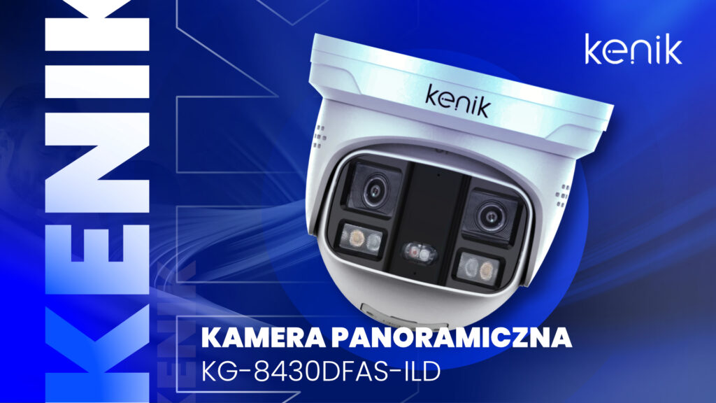 Kamera panoramiczna Kenik KG-8430DFAS-ILD z podwójnym obiektywem, oświetlaczem LED i funkcjami AI do monitoringu IP.